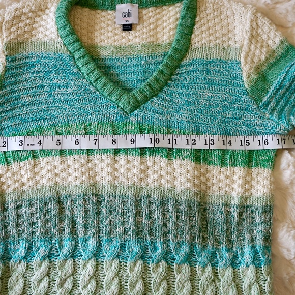 CAbi Women's Mix Stitch V-neck Striped Cable Knit Sweater - Stripes green mint - Picture 5 of 8